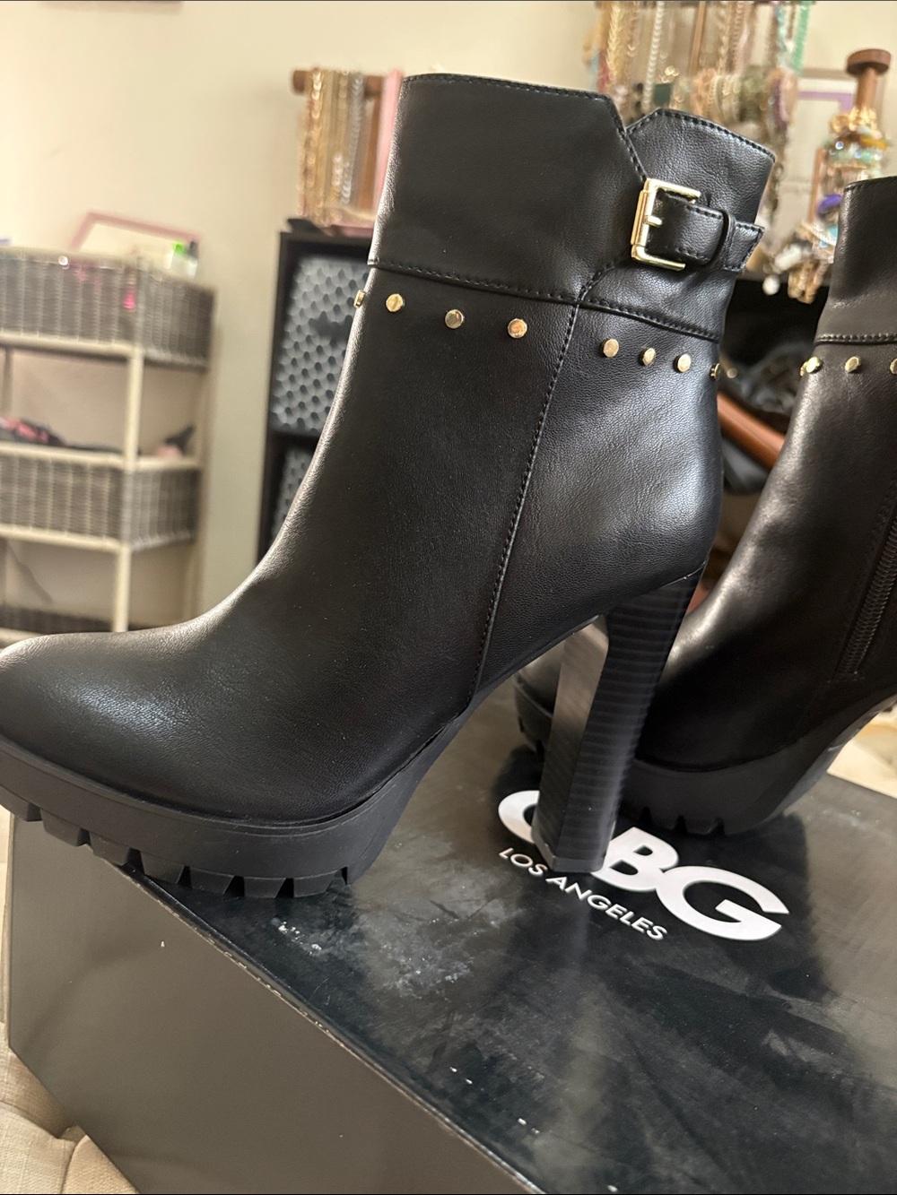 GBG Los Angeles Black Studded High Heel Ankle Boots